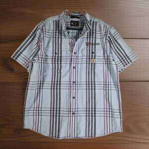 Carhartt Men's Large Loose Fit Plaid Short Sleeve Button Up Work Shirt Blue